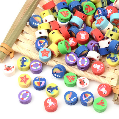 Madingi spalvingi vandenyno raštai plokščiai apvalios formos minkšti moliniai karoliukai papuošalams gaminti apyrankės karoliai „pasidaryk pats“