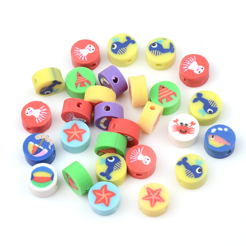 Madingi spalvingi vandenyno raštai plokščiai apvalios formos minkšti moliniai karoliukai papuošalams gaminti apyrankės karoliai „pasidaryk pats“