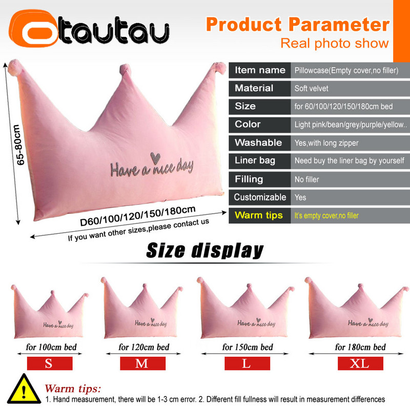 OTAUTAU Princess slatka ružičasta baršunasta kruna jastučnica bez ukrasa za krevet Naslon za glavu Naslon za leđa Navlaka za jastuk