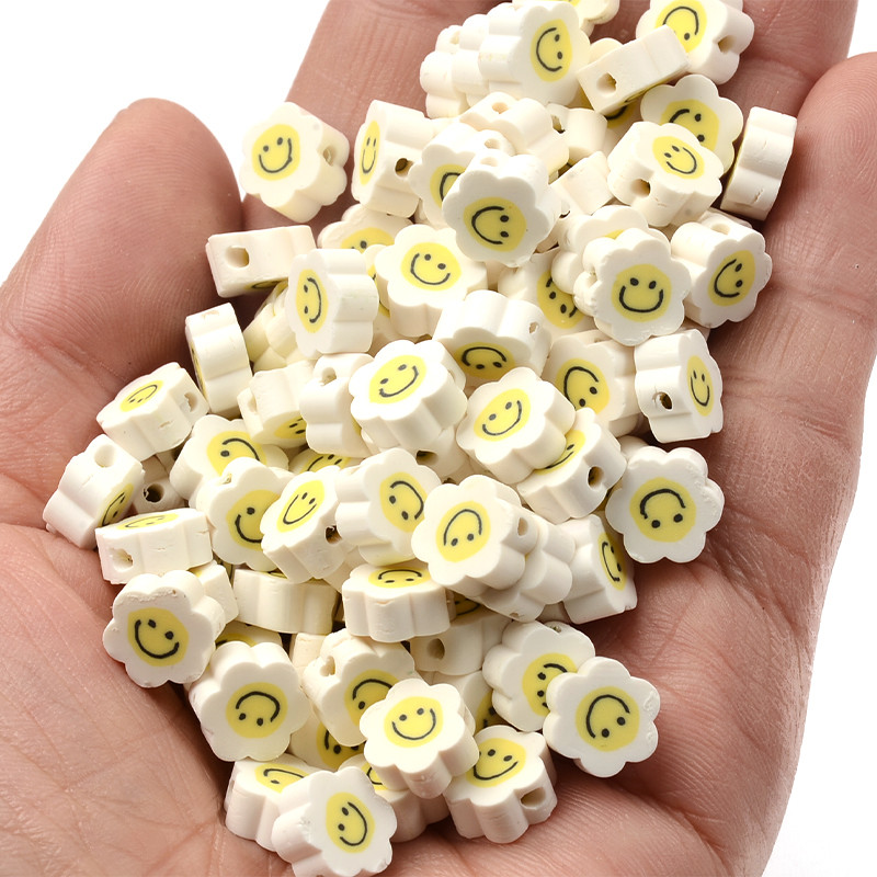 30 kom/Part Bijeli smajli uzorci Cvijeće Perle od polimerske gline Rasuti čips Razmak perle za izradu nakita DIY dodaci za narukvice