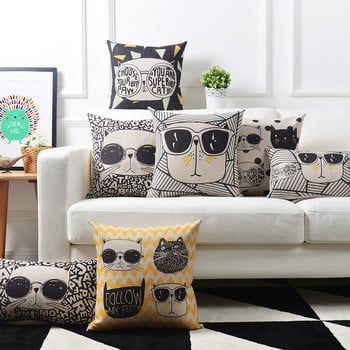 Κάλυμμα μαξιλαριού μαξιλαριού γάτας Cartoon Animals Γεωμετρική θήκη μαξιλαροθήκης για γάτες Διακοσμητικός καναπές μαξιλαροθήκης από χοντρό λινό