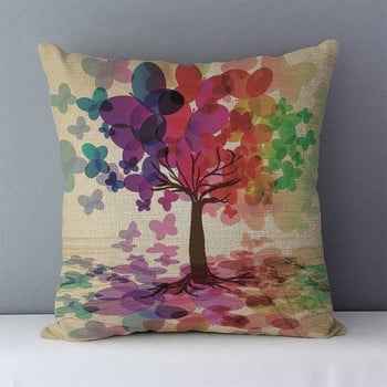 Κάλυμμα μαξιλαριού καθίσματος καναπέ, χρωματιστά δέντρα, στάμπα, ποιμενική, λινό Διακοσμητική μαξιλαροθήκη 45x45 εκ.