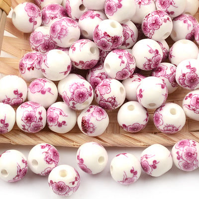 10 mm-es kínai nyomtatott virág 3 mm-es nagy lyukú gyöngyök kerámia gyöngyök porcelán laza gyöngyök karkötőkhöz Ékszerkészítés barkácsolás