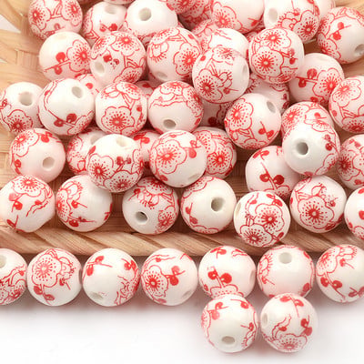 10 mm-es kínai nyomtatott virág 3 mm-es nagy lyukú gyöngyök kerámia gyöngyök porcelán laza gyöngyök karkötőkhöz Ékszerkészítés barkácsolás