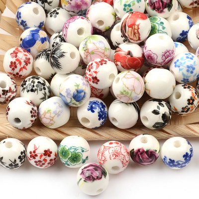 10 mm-es kínai nyomtatott virág 3 mm-es nagy lyukú gyöngyök kerámia gyöngyök porcelán laza gyöngyök karkötőkhöz Ékszerkészítés barkácsolás