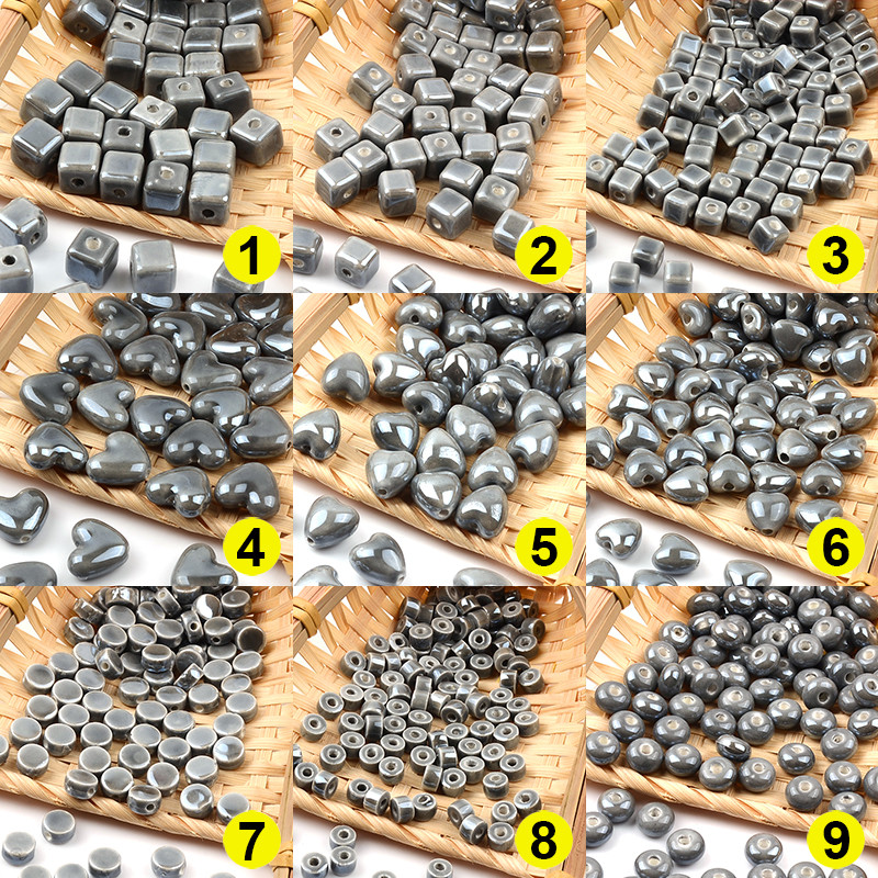 Siva serija Kineske keramičke perle Kvadratna kocka Okrugli cilindar u obliku srca Labavi odstojnik Porculanske perle za izradu nakita DIY