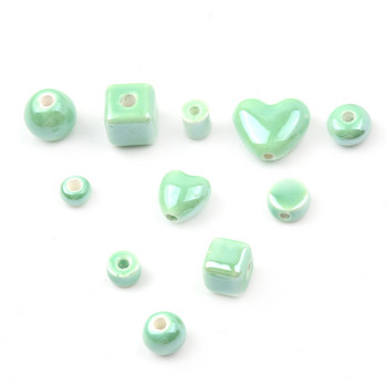Πράσινη σειρά Κινέζικες κεραμικές χάντρες Πολλαπλών τετραγωνικών κυβικών στρογγυλών κυλίνδρων σε σχήμα καρδιάς Χαλαρές χάντρες από πορσελάνη για κοσμήματα κατασκευής DIY