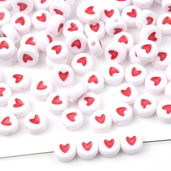 100 τμχ/4x7mm Κόκκινη Καρδιά Λευκή Ακρυλικές Χάντρες Diy Παιδικό Βραχιόλι Επίπεδες Στρογγυλές Χάντρες για Κατασκευή κοσμημάτων Αξεσουάρ με χάντρες