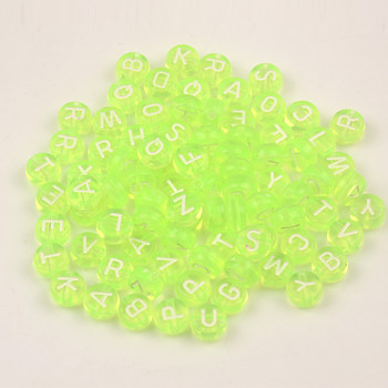 7 мм флуоресцентно зелени акрилни мъниста със смесени букви Плоски кръгли дистанционни азбучни мъниста за изработка на бижута Ръчно изработена гривна направи си сам