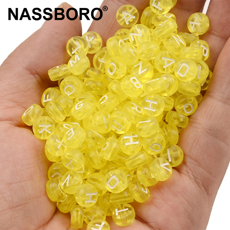 7 mm prozirne žute akrilne perle s mješovitim slovima, ravne okrugle abecedne razmaknice za izradu nakita, ručno rađena diy narukvica