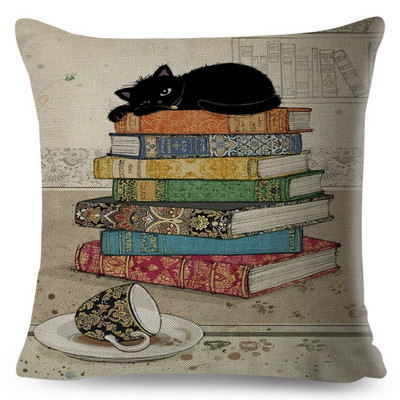 Jauki, eleganti melna kaķa mākslas izmešanas spilvena pārvalki ar dubultu apdruku Decor karikatūra Dzīvnieku spilvendrāna dīvānam mājas lina spilvendrāna