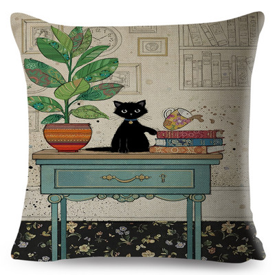 Jauki, eleganti melna kaķa mākslas izmešanas spilvena pārvalki ar dubultu apdruku Decor karikatūra Dzīvnieku spilvendrāna dīvānam mājas lina spilvendrāna
