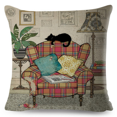 Jauki, eleganti melna kaķa mākslas izmešanas spilvena pārvalki ar dubultu apdruku Decor karikatūra Dzīvnieku spilvendrāna dīvānam mājas lina spilvendrāna