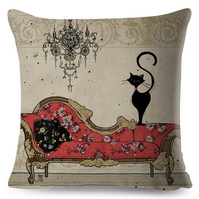 Jauki, eleganti melna kaķa mākslas izmešanas spilvena pārvalki ar dubultu apdruku Decor karikatūra Dzīvnieku spilvendrāna dīvānam mājas lina spilvendrāna