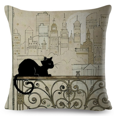 Jauki, eleganti melna kaķa mākslas izmešanas spilvena pārvalki ar dubultu apdruku Decor karikatūra Dzīvnieku spilvendrāna dīvānam mājas lina spilvendrāna