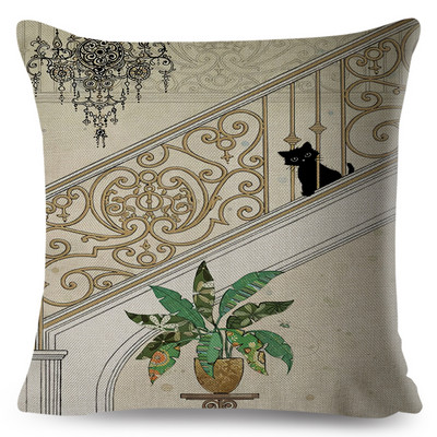 Jauki, eleganti melna kaķa mākslas izmešanas spilvena pārvalki ar dubultu apdruku Decor karikatūra Dzīvnieku spilvendrāna dīvānam mājas lina spilvendrāna