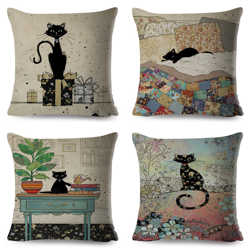 Slatka, elegantna crna mačka, umjetnička bacajuća jastučnica Dekoracija s dvostrukim printom, jastučnica sa životinjama iz crtića za kauč, kućna lanena jastučnica