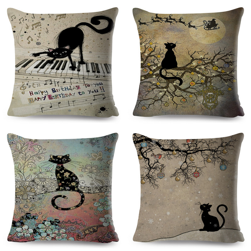 Slatka, elegantna crna mačka, umjetnička bacajuća jastučnica Dekoracija s dvostrukim printom, jastučnica sa životinjama iz crtića za kauč, kućna lanena jastučnica