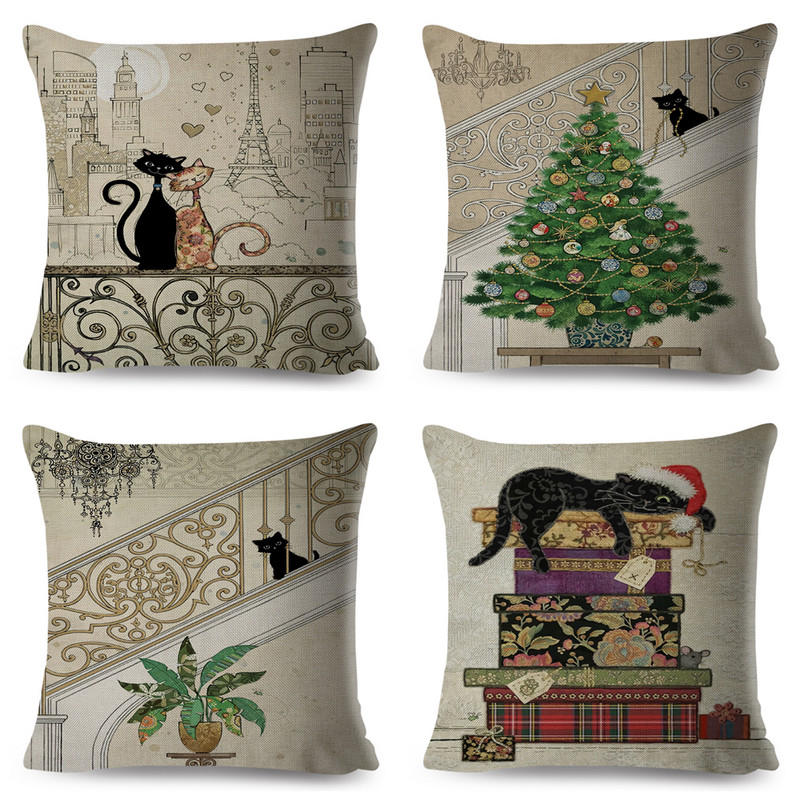 Slatka, elegantna crna mačka, umjetnička bacajuća jastučnica Dekoracija s dvostrukim printom, jastučnica sa životinjama iz crtića za kauč, kućna lanena jastučnica