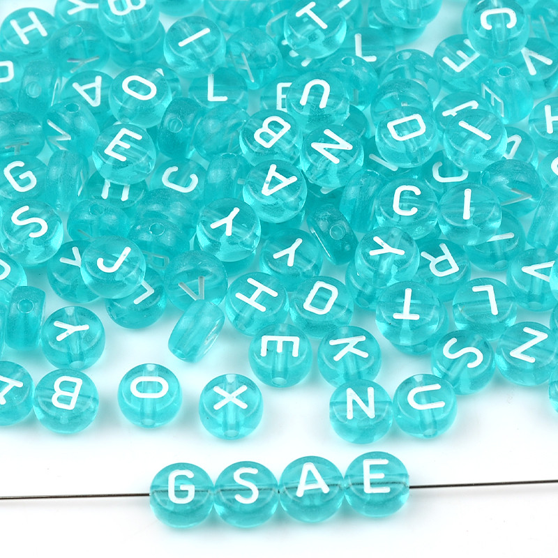 7 mm prozirne jezerskoplave akrilne perle s miješanim slovima, ravne okrugle abecedne razmaknice za izradu nakita, ručno rađena narukvica