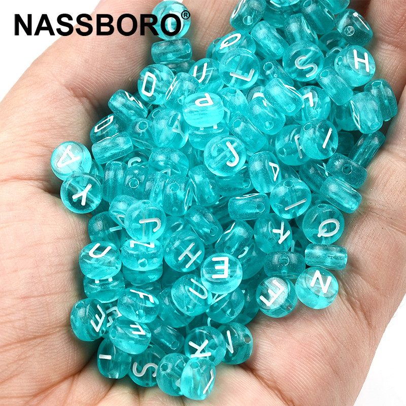 7 mm prozirne jezerskoplave akrilne perle s miješanim slovima, ravne okrugle abecedne razmaknice za izradu nakita, ručno rađena narukvica