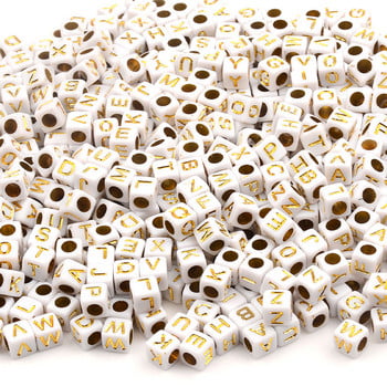100 бр. 6 мм бял куб Акрилни мъниста Златна буква Разхлабени дистанционни мъниста за изработка на бижута Направи си сам аксесоари Гривна Колие Материал