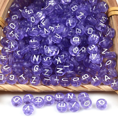 7 mm prozirne ljubičaste akrilne perle miješane abecede, okrugle, ravne kuglice s razmaknicama i slovima za izradu nakita, ručno rađena narukvica „uradi sam“