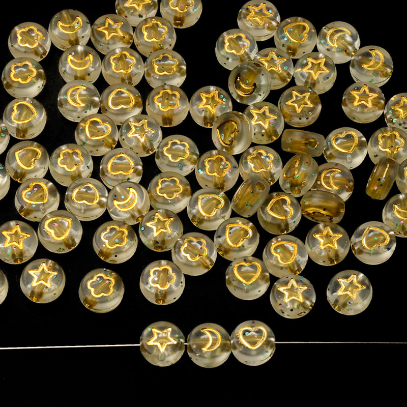 Arany csillogó 4*7mm véletlenszerű vegyes kerek lapos akril virág csillag hold szív laza távtartó gyöngyök barkács ékszer készítési kellékekhez