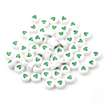 100 τμχ/4x7 χιλιοστά Πράσινη Καρδιά Λευκή Ακρυλικές Χάντρες Diy Παιδικό Βραχιόλι Επίπεδες Στρογγυλές Χάντρες για Κατασκευή κοσμημάτων Αξεσουάρ με χάντρες