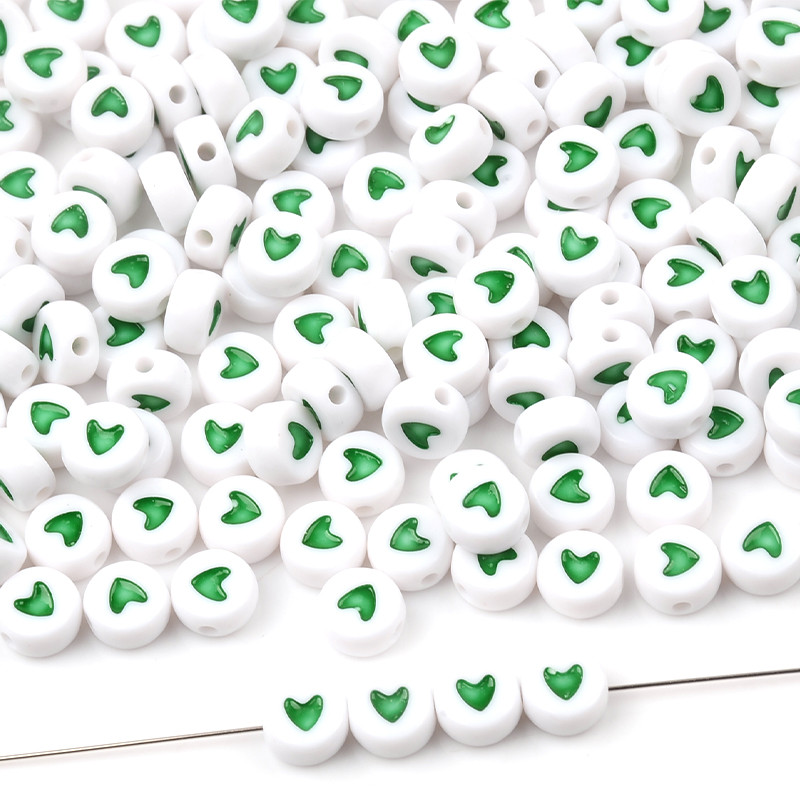 100 kom/4x7 mm Zeleno srce Bijele akrilne perle Diy Dječja narukvica Ravne okrugle perle za izradu nakita Dodaci od perli