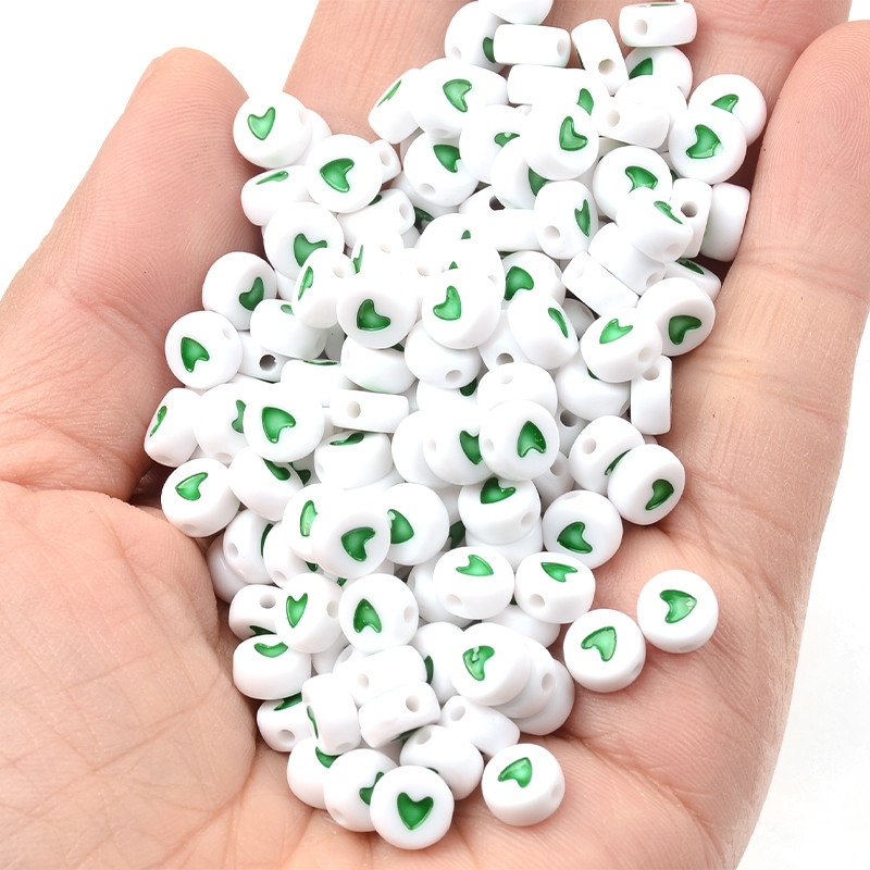 100 kom/4x7 mm Zeleno srce Bijele akrilne perle Diy Dječja narukvica Ravne okrugle perle za izradu nakita Dodaci od perli