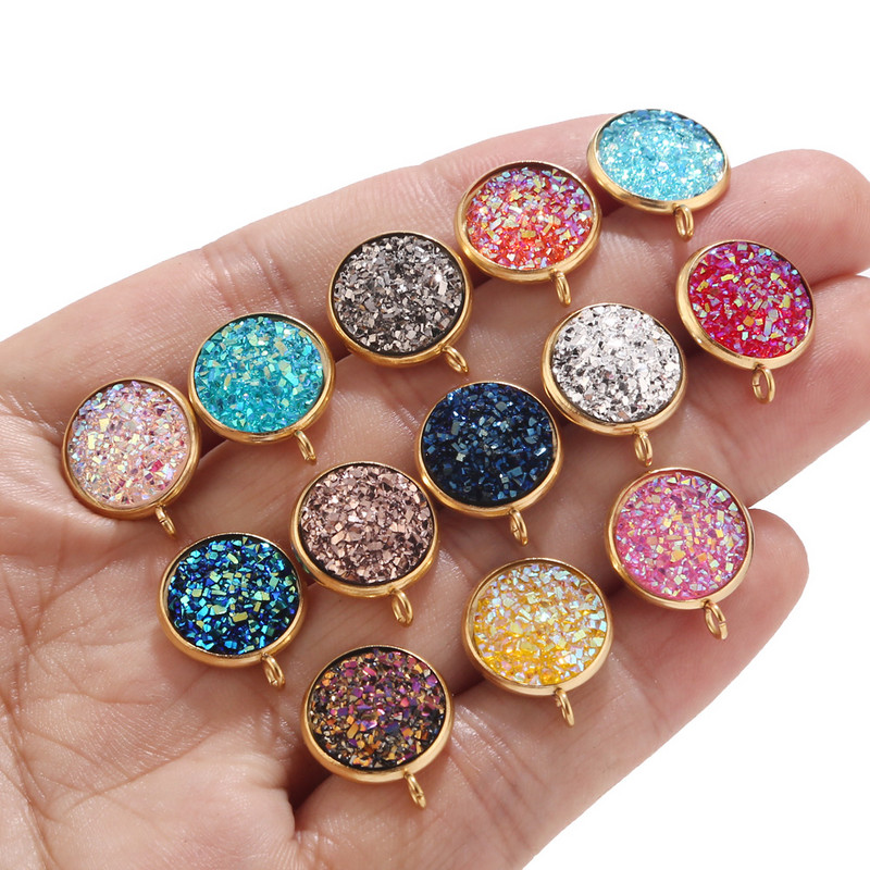 10 komada okruglih naušnica Druzy od nehrđajućeg čelika od smole od 12 mm s kamenim naušnicama s petljom Pribor za zlatne naušnice