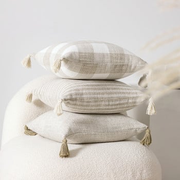 Κάλυμμα άγριου μαξιλαριού KAUNFO Υφασμάτινη μαξιλαροθήκη από πολυεστέρα Μονόχρωμη ριγέ καρό φούντα Προσαρμοσμένη για σαλόνι κρεβατοκάμαρας