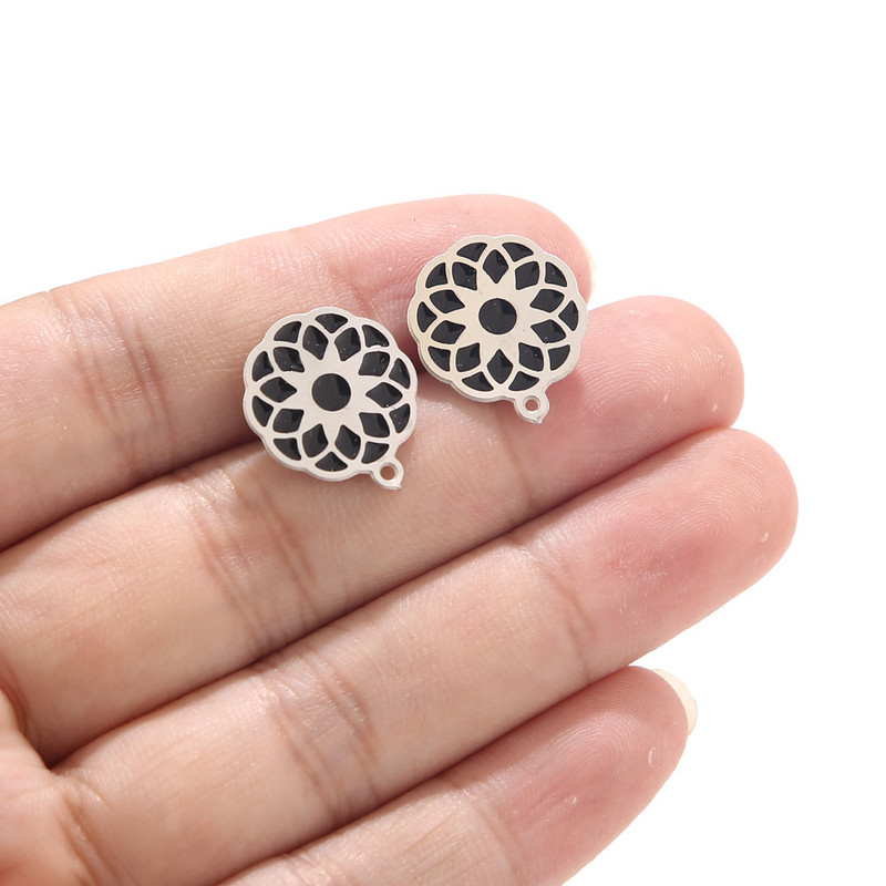 6 kom od nehrđajućeg čelika crni emajl Cvjetni stupić za naušnice 15 mm hipoalergenski ravni stupići Jastučić za naušnice Nit naušnice s petljom