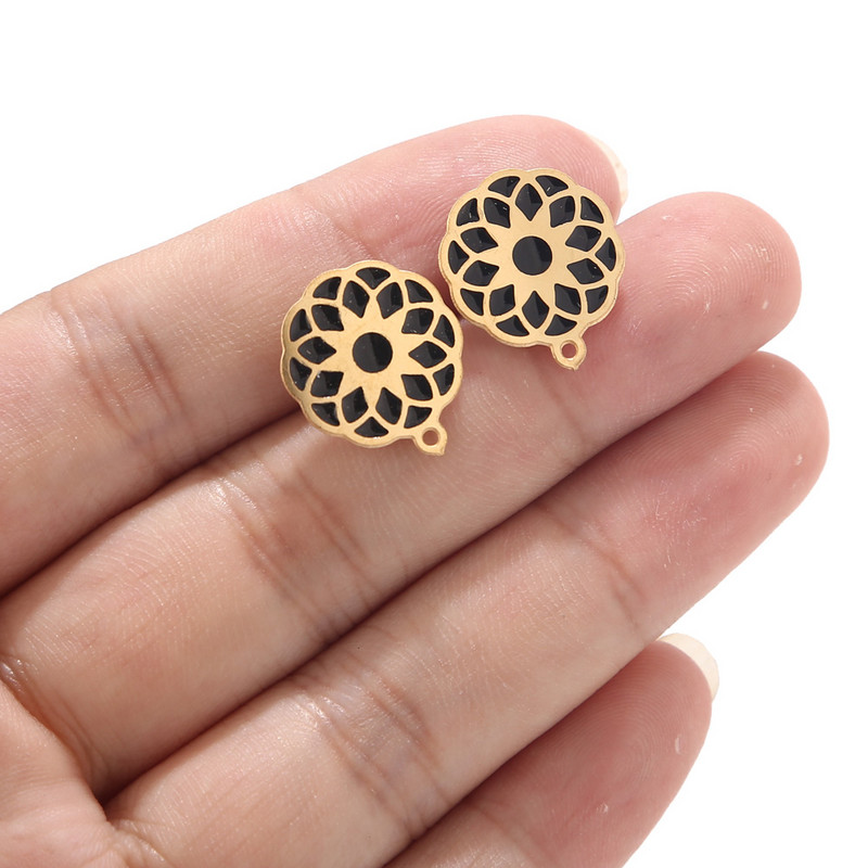 6 kom od nehrđajućeg čelika crni emajl Cvjetni stupić za naušnice 15 mm hipoalergenski ravni stupići Jastučić za naušnice Nit naušnice s petljom