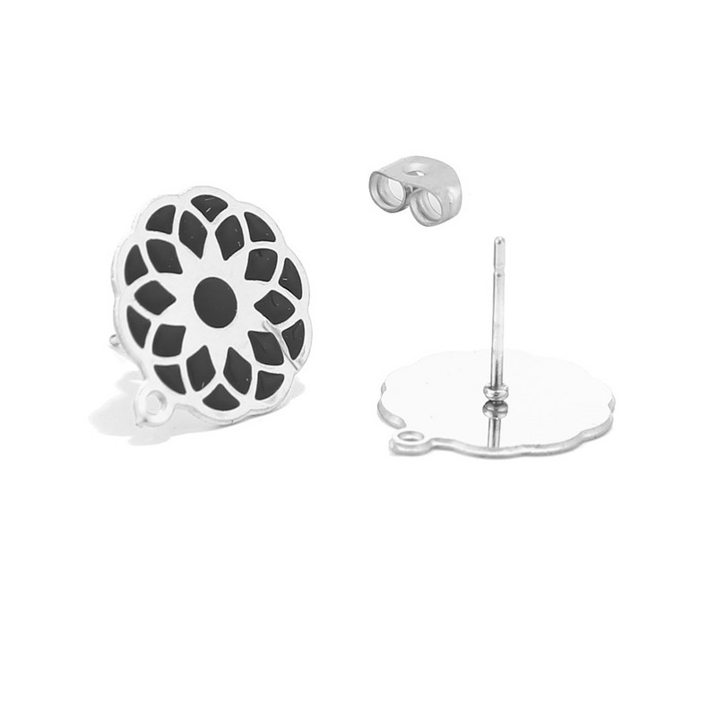 6 komada pozlaćenog nehrđajućeg čelika od crnog emajla od 15 mm u obliku cvijeta za uho s dijelovima za naušnice s petljom za izradu nakita