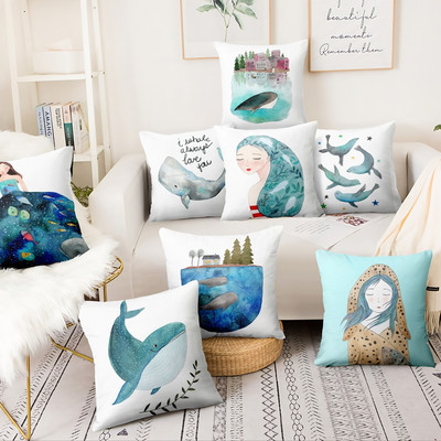 Μαξιλαροθήκη με στάμπα Cartoon Whale Nordic Marine Cushion Διακοσμητικό μαξιλάρι για το σπίτι Διακόσμηση καναπέ-ριχτάρι μαξιλάρια Διακόσμηση μαξιλαριού σπιτιού