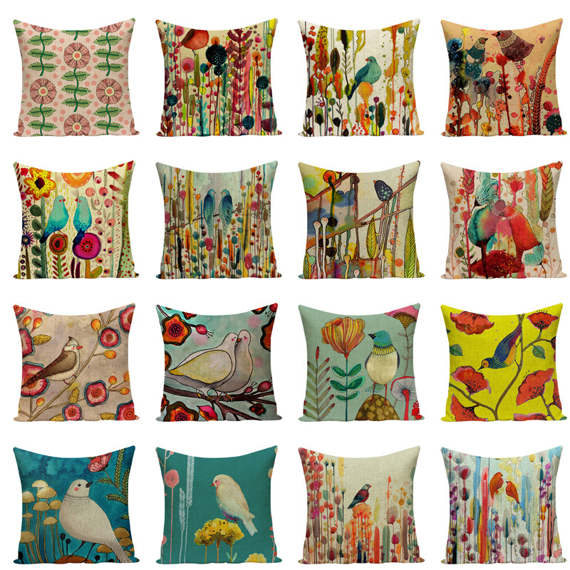 Oslikane kvadratne jastučnice s otisnutim pticama i cvijećem Jastuci u akvarelu Ukrasni jastuci za jastuke Kućni dekor Jastuci za kauč