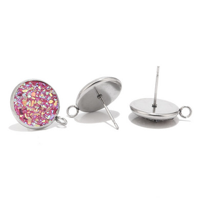 10db 12mm-es rozsdamentes acél gyanta Druzy Stud ékszer leletek Alkatrészek hurokkal a fülbevaló készítéséhez