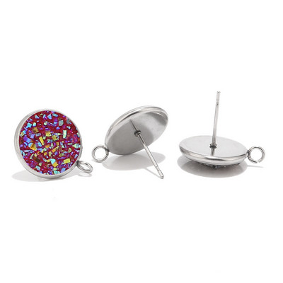 10db 12mm-es rozsdamentes acél gyanta Druzy Stud ékszer leletek Alkatrészek hurokkal a fülbevaló készítéséhez