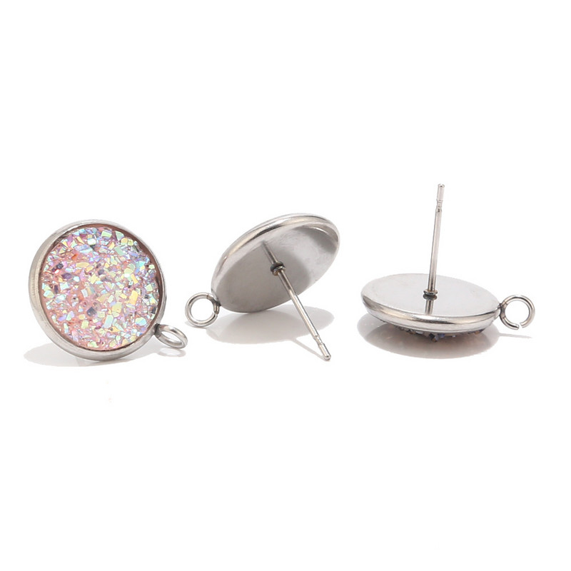 10db 12mm-es rozsdamentes acél gyanta Druzy Stud ékszer leletek Alkatrészek hurokkal a fülbevaló készítéséhez