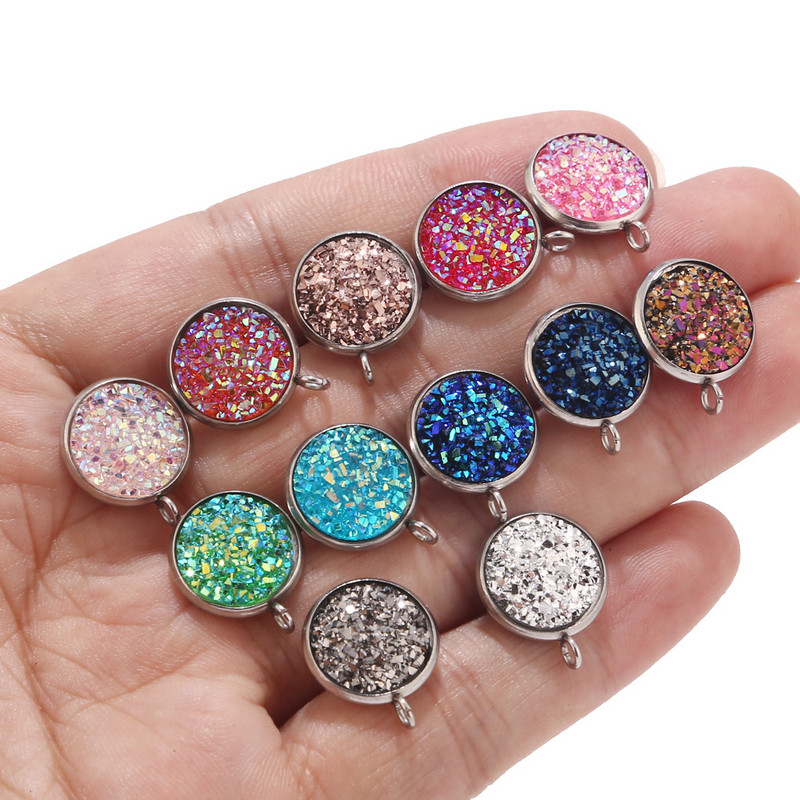 10db 12mm-es rozsdamentes acél gyanta Druzy Stud ékszer leletek Alkatrészek hurokkal a fülbevaló készítéséhez