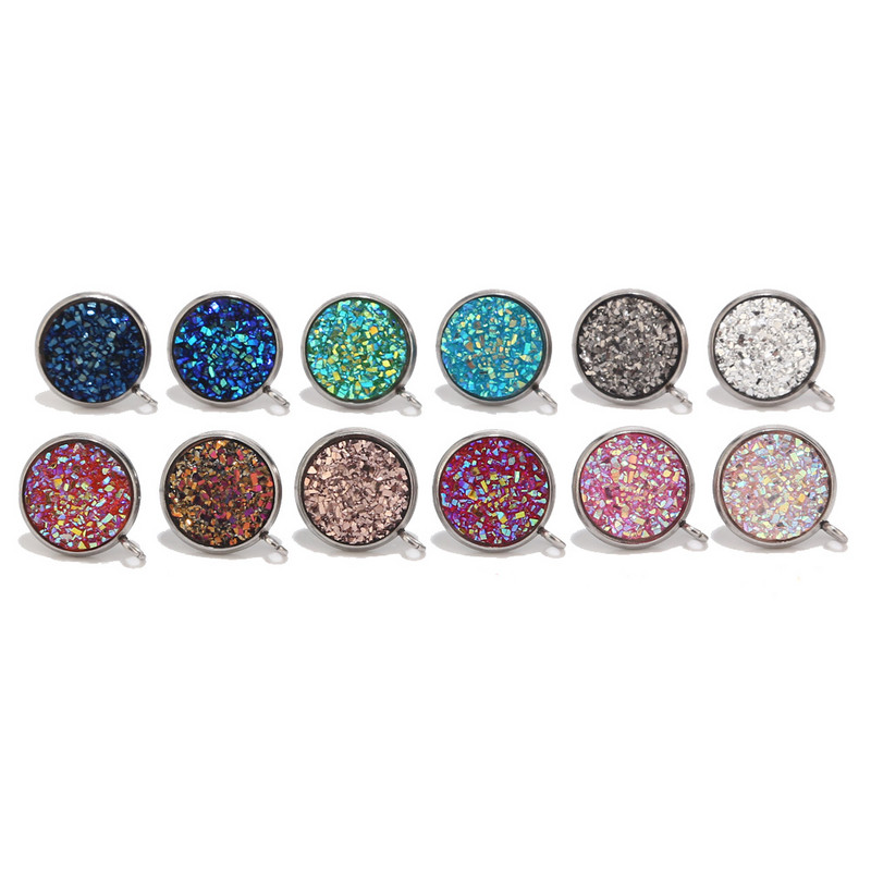 10db 12mm-es rozsdamentes acél gyanta Druzy Stud ékszer leletek Alkatrészek hurokkal a fülbevaló készítéséhez