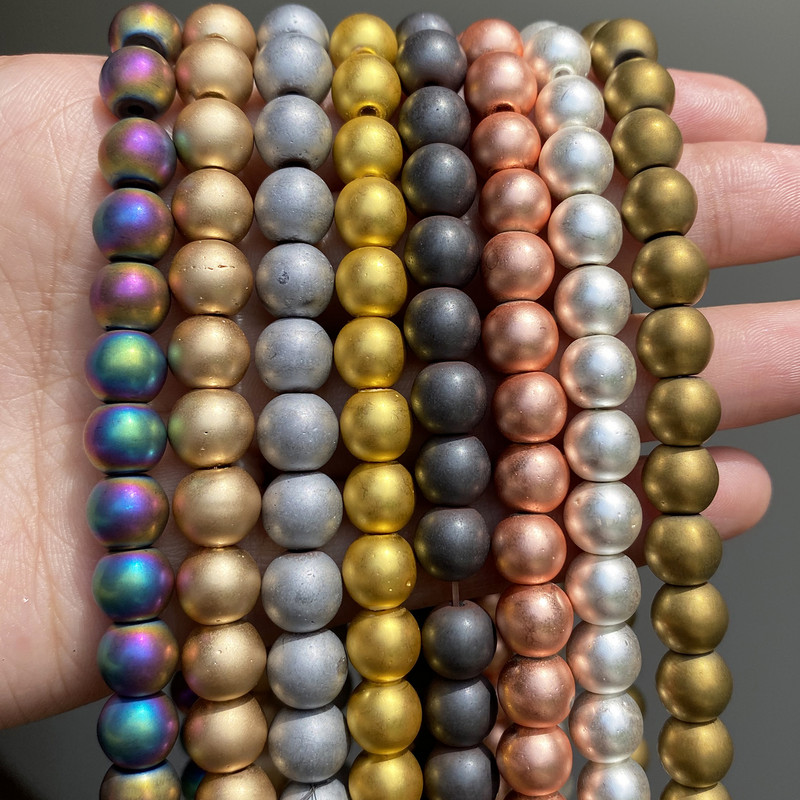 Matirane mat kamene perle od hematita Ružičasto zlatno srebrne boje Prirodne okrugle razmaknice za nakit DIY izrada Dodaci za narukvice