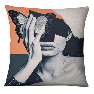 Portret žene Umjetnička slika Otisnuta jastučnica Laneno platno Kolaž Umjetnički leptir Jastuk Ukrasni jastuk Kućni dekor Navlaka za kauč