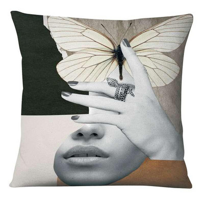 Portret žene Umjetnička slika Otisnuta jastučnica Laneno platno Kolaž Umjetnički leptir Jastuk Ukrasni jastuk Kućni dekor Navlaka za kauč