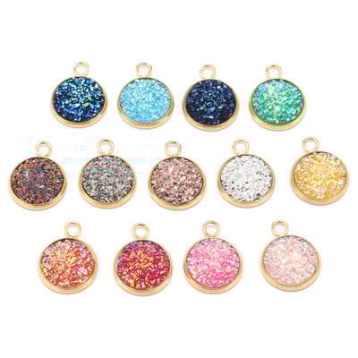 Nehrđajući čelik Zlatni svjetlucavi privjesak od lažne Druzy smole Šareni okrugli šarm za žene DIY nakit 12 mm