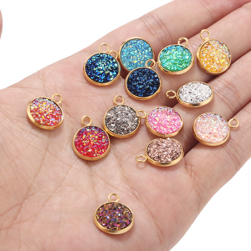 Nehrđajući čelik Zlatni svjetlucavi privjesak od lažne Druzy smole Šareni okrugli šarm za žene DIY nakit 12 mm
