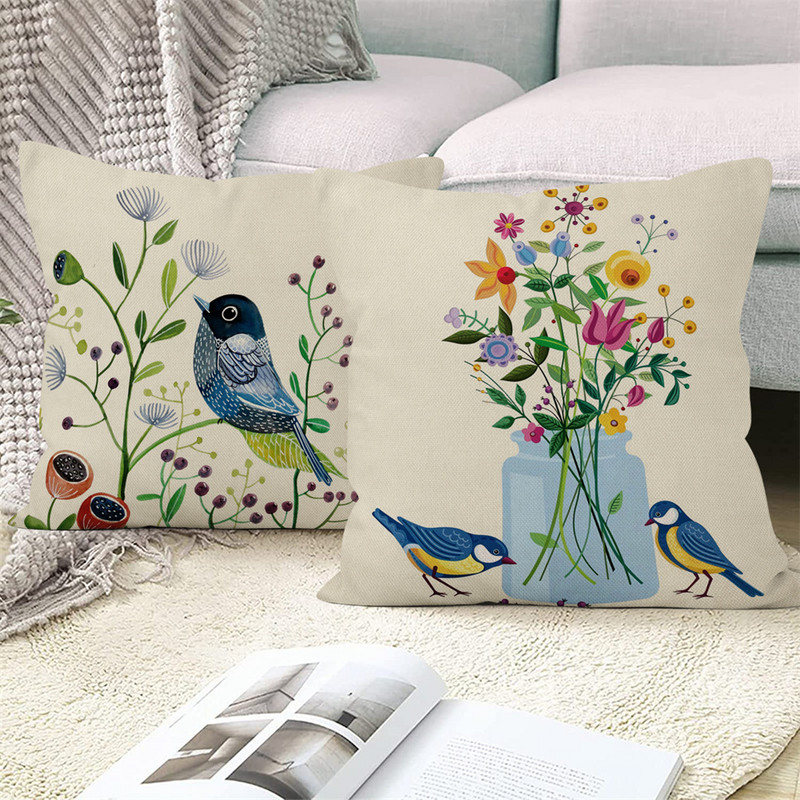 Flower Plant Leaf Birds Párnahuzat Poliészter vászon dekoratív párnahuzat Kanapépárnák Otthoni szoba Autó dekoráció Dobó párnahuzat