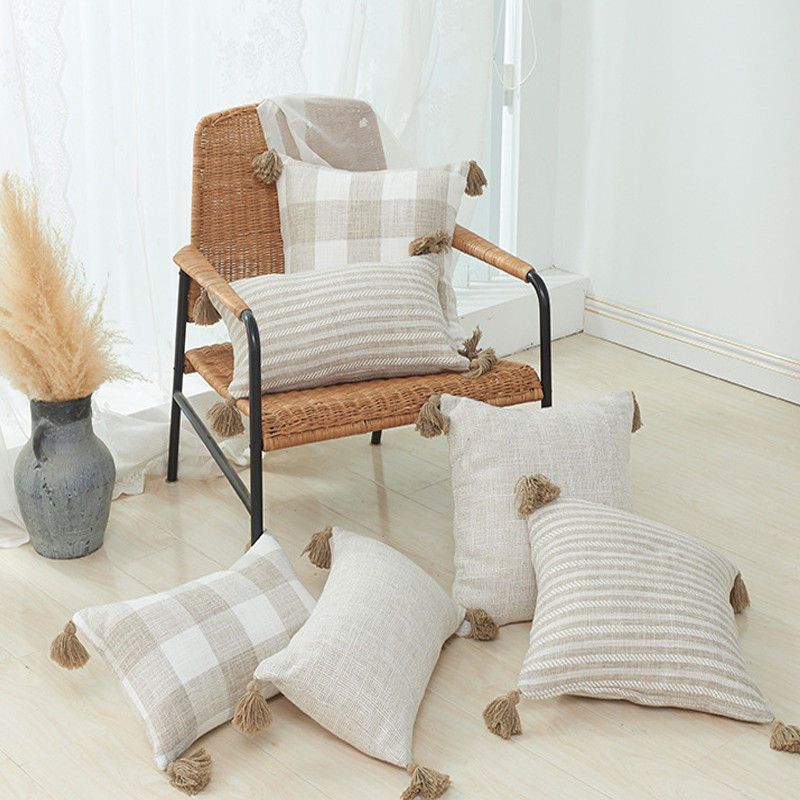 30X50/45X45cm Jastučnica od pamučnog lana obojena pređom s resicama Vruće karirane pruge Jastučnica za jastuk Cojines Decorativos Para Sofa